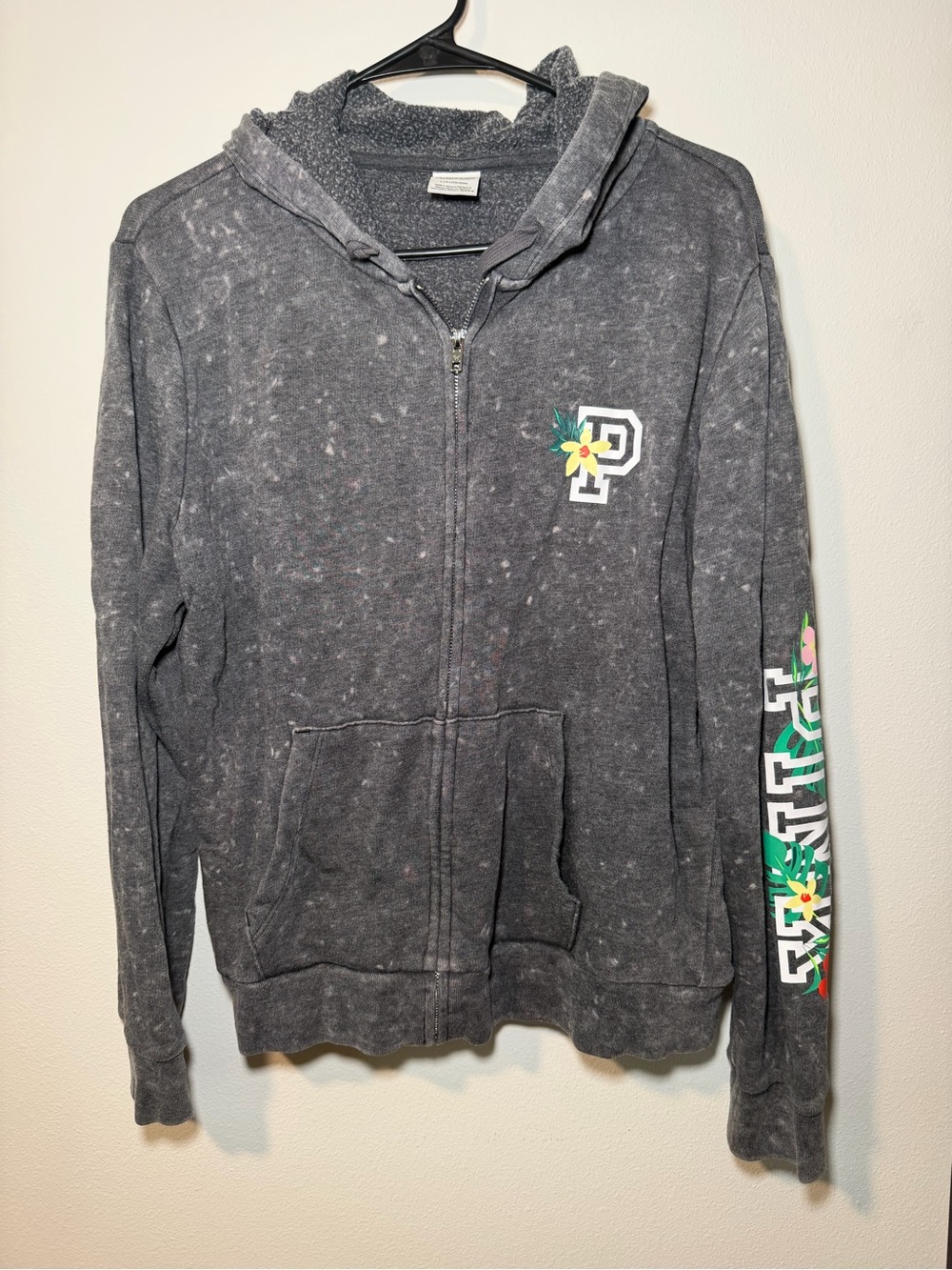 Victorias Secret PINK Gray Full Zip Hoodie Sweater Tropical Hawaiian Flowers - Picture 2 of 7